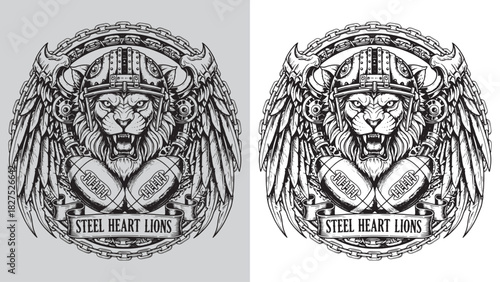 Viking Lion Head Mascot with Football Helmets, Balls, and Chain Circle