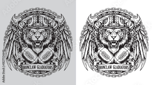 Viking Tiger Head Mascot with Football Helmets, Balls, and Chain Circle