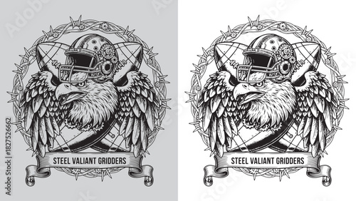 Viking Eagle Head Mascot with Football Helmet, Balls, and Barbed Wire Circle