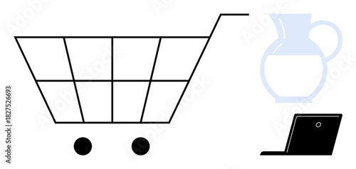 Minimalist shopping cart next to a laptop and pitcher suggests online shopping, e-commerce, product selection, consumer behavior, business, digital retail, sales strategy. A simple flat metaphor