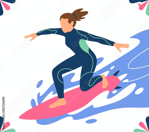 An athletic woman enjoys the thrill of surfing on vibrant ocean waves, showcasing her skill and balance while riding a bright pink surfboard in a sunny seaside atmosphere.