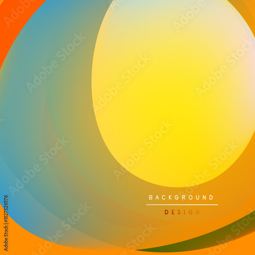 Abstract layers overlap, creating vibrant color gradients. Yellow dominates right side, orange and blue blend left. Modern design element.