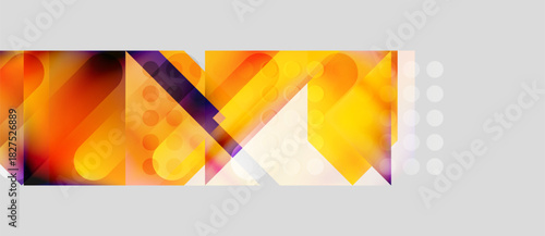 Abstract geometric shapes, vibrant colors, dynamic composition. Yellows, oranges dominate with purple accents. Modern design elements present.