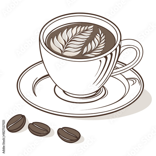 Handdrawn Lineart Coffee Latte Art in Cup with Beans Illustration