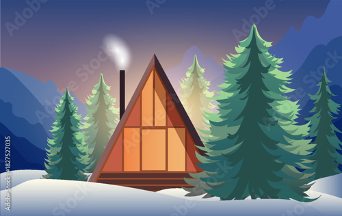 A warm cabin stands amidst a snowy landscape, with smoke rising from its chimney. Tall evergreen trees surround the scene, inviting visitors to embrace the winter holidays