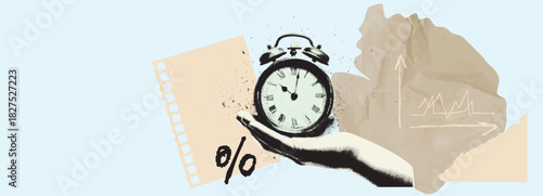 Retro business collage with vintage alarm clock, analytics graph, and halftone textures—perfect for finance, deadlines, or productivity themes.