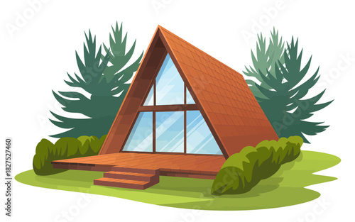 An illustration of a charming a-frame house nestled among lush trees, reflecting a cozy and peaceful outdoor lifestyle, perfect for depicting nature and home themes.