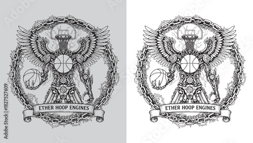 Steampunk Basketball Robot Warrior with Chain and Barbed Wire Circle Emblem