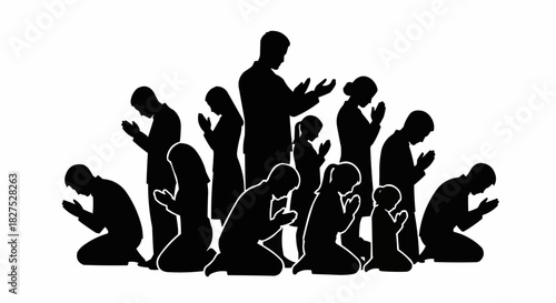Group of people praying together in silhouette, spiritual gathering.
