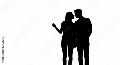 Silhouette of a couple about to kiss on a white background.