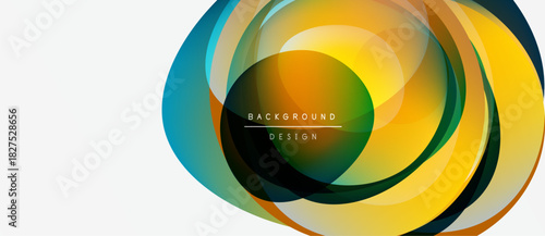 Abstract colorful circles overlap creating dynamic visual effect. Bright hues blend, forming modern background design. Smooth gradients enhance depth.