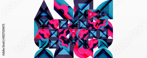 Abstract geometric composition. Shapes interlock, creating dynamic visual texture. Pink, blue hues dominate design. Modern, bold aesthetic.