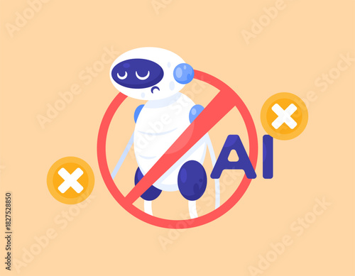 AI ban concept. regulations and prohibitions on the use of artificial intelligence. Illustration of a robot with a prohibition sign. Sad robot. Flat design style. Orange background.
