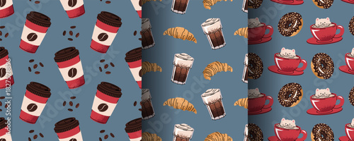 Coffee and Dessert Seamless Pattern Set with Flat Design. Ideal for Beverage Branding, Bakery Packaging, Social Media Graphics, Website Backgrounds and Print Projects. Texture for fabric, wallpaper