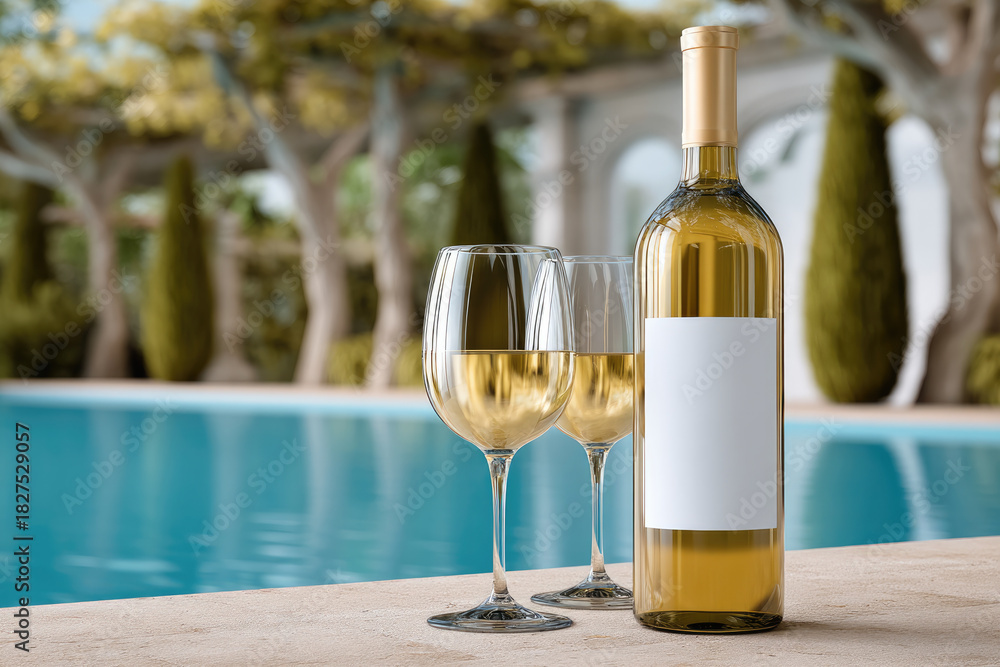 Naklejka premium Bottle of white wine with blank label and two wine glasses by swimming pool, outdoor summer setting, elegant and refreshing atmosphere