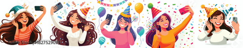 vector of a woman taking selfie celebrating the new year