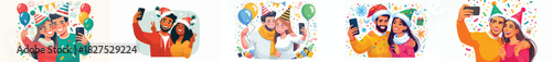 vector landscape of couple taking selfies together celebrating the new year