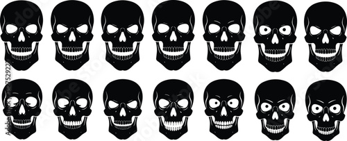 Black human skull icons with varied expressions and white backgrounds black skull
