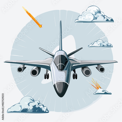 Fighter jet flying through clouds