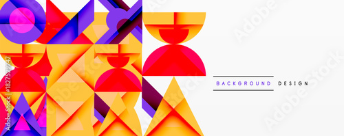 Abstract geometric shapes, vibrant colors, modern design. Yellow, purple, red dominate composition. Clean aesthetic, simple text overlay.