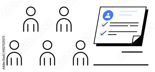 Group of figures representing team members alongside a document with checkmarks and user profile. Ideal for teamwork, human resources, task tracking, productivity, communication, collaboration