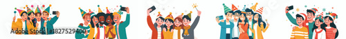 vector of young people taking selfies together celebrating the new year