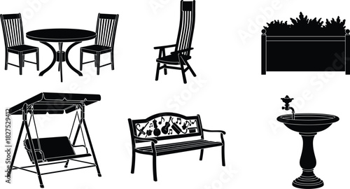 Black silhouette collection of outdoor furniture and garden elements garden furniture