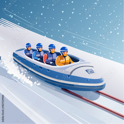 Four people sledding down a snowy track