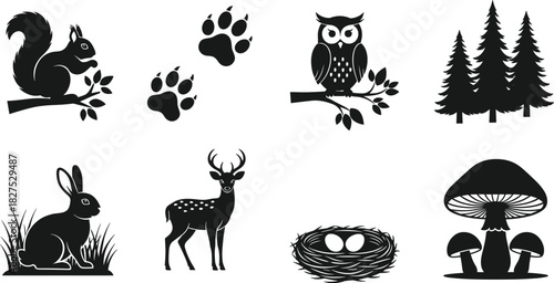Black silhouette forest animals trees paw prints mushrooms and bird nest with eggs