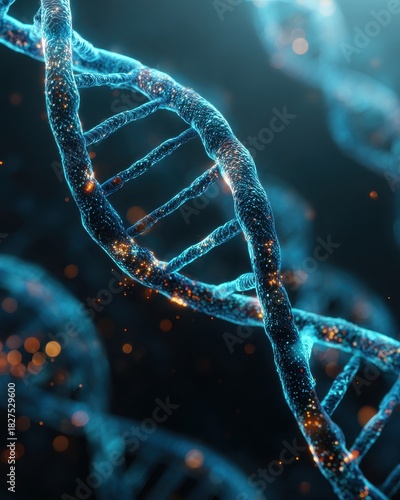 Intricate Glowing Blue DNA Double Helix Structure with Energetic Bokeh Lights.