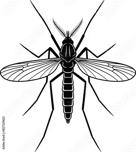 Black silhouette of a mosquito with detailed wings and antennae on a white background