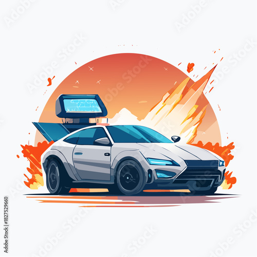 Futuristic car with digital display and explosion background