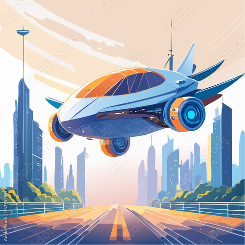 Futuristic flying car over city road