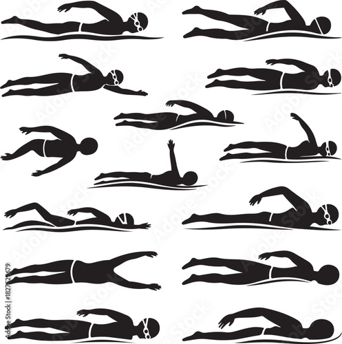 Swimming silhouettes pattern various swimming styles for sports design template