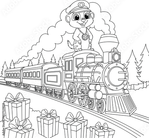 Cartoon meerkat in captain's hat driving a steam train with gifts and trees animal