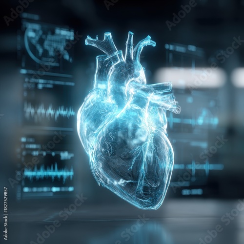 Glowing Holographic Human Heart with Data Overlay, Futuristic Medical Visualization.