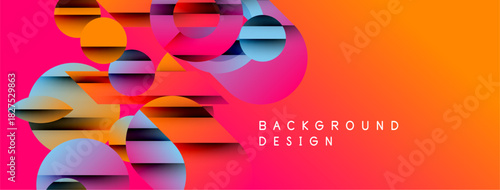 Abstract geometric shapes blend vibrant colors. Orange, pink, purple hues create dynamic visual texture. Modern design element.