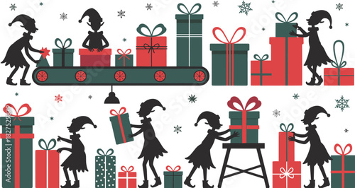 Christmas elves wrapping gifts on a conveyor belt and stacking presents vector