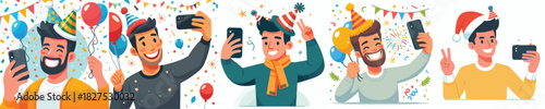 vector of a man taking selfie celebrating the new year