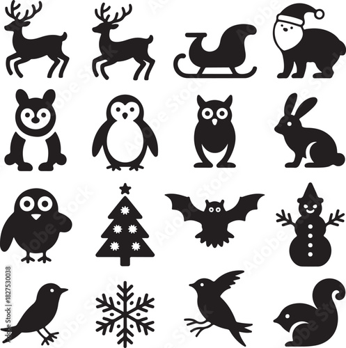 Variety of Christmas winter and holiday themed animal and object silhouettes