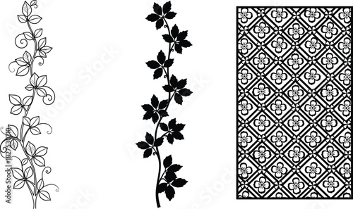 Black and white floral vine and geometric pattern elements leaf plant
