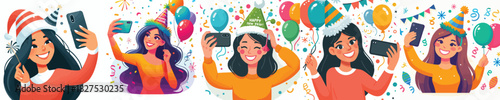 vector of a woman taking selfie celebrating the new year