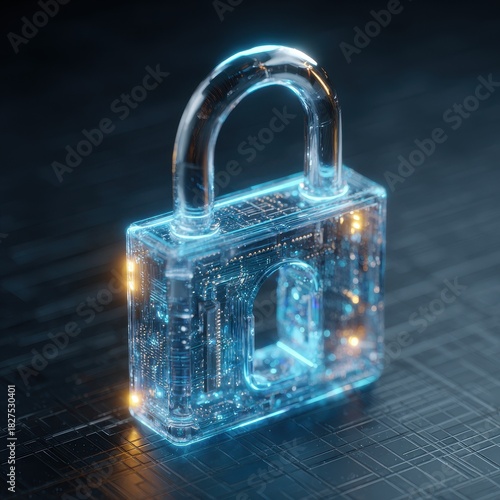 Futuristic Digital Lock - Glowing Blue Circuitry, Data Security Concept, 3D Render.