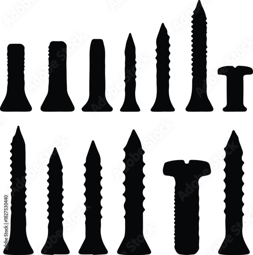 Illustration assorted screw types arranged in rows silhouette vector