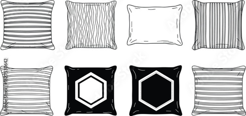 Collection of eight black and white line art illustrations of square and rectangular pillows with various patterns