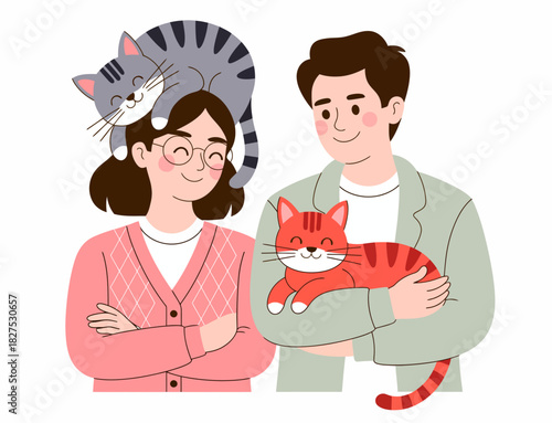 A lovely illustration of a couple sharing a joyful moment, with their two cats adding to the warmth and happiness of their home environment.
