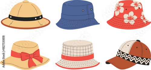 Collection of six diverse illustrated hats including safari pith helmet floral bucket hat and baseball cap