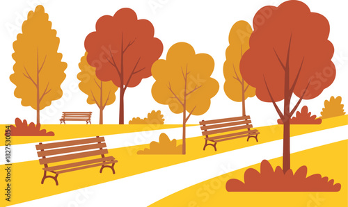 Autumn city park landscape with orange trees wooden benches and walking path scenery vector illustration for seasonal background