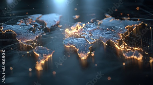 Illuminated World Map - Global Connectivity, Digital Network, and Technological Advancement.