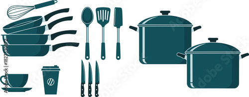 Collection of teal kitchen utensils and cookware including pots pans whisk spatulas knives and coffee cup